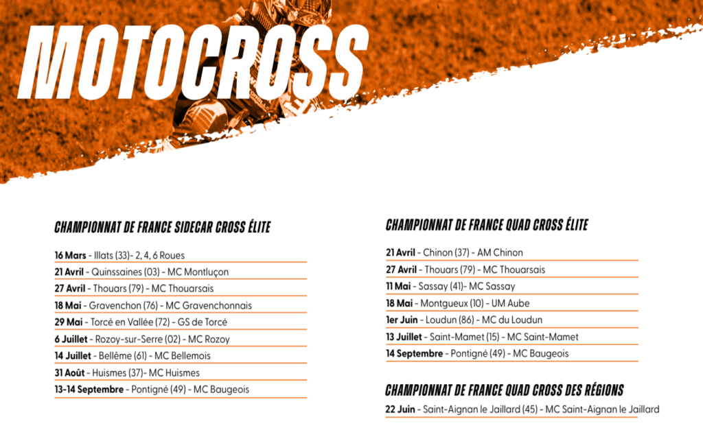 Le calendrier des championnats de France de Motocross 2025